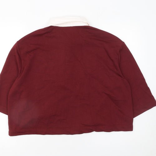 Savida Women Red Polo Collared 3/4 Sleeve Cotton Blend Top Size L