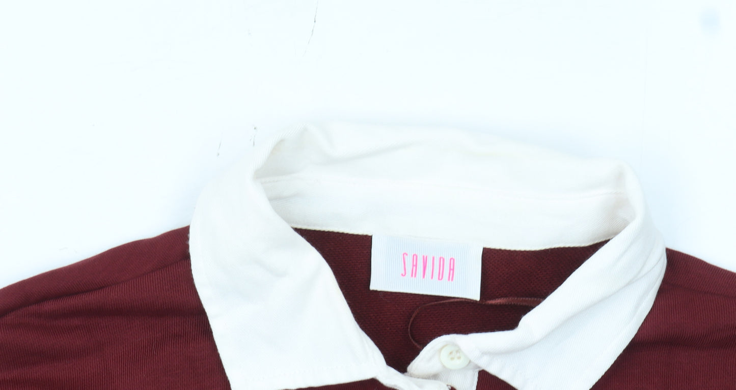 Savida Women Red Polo Collared 3/4 Sleeve Cotton Blend Top Size L