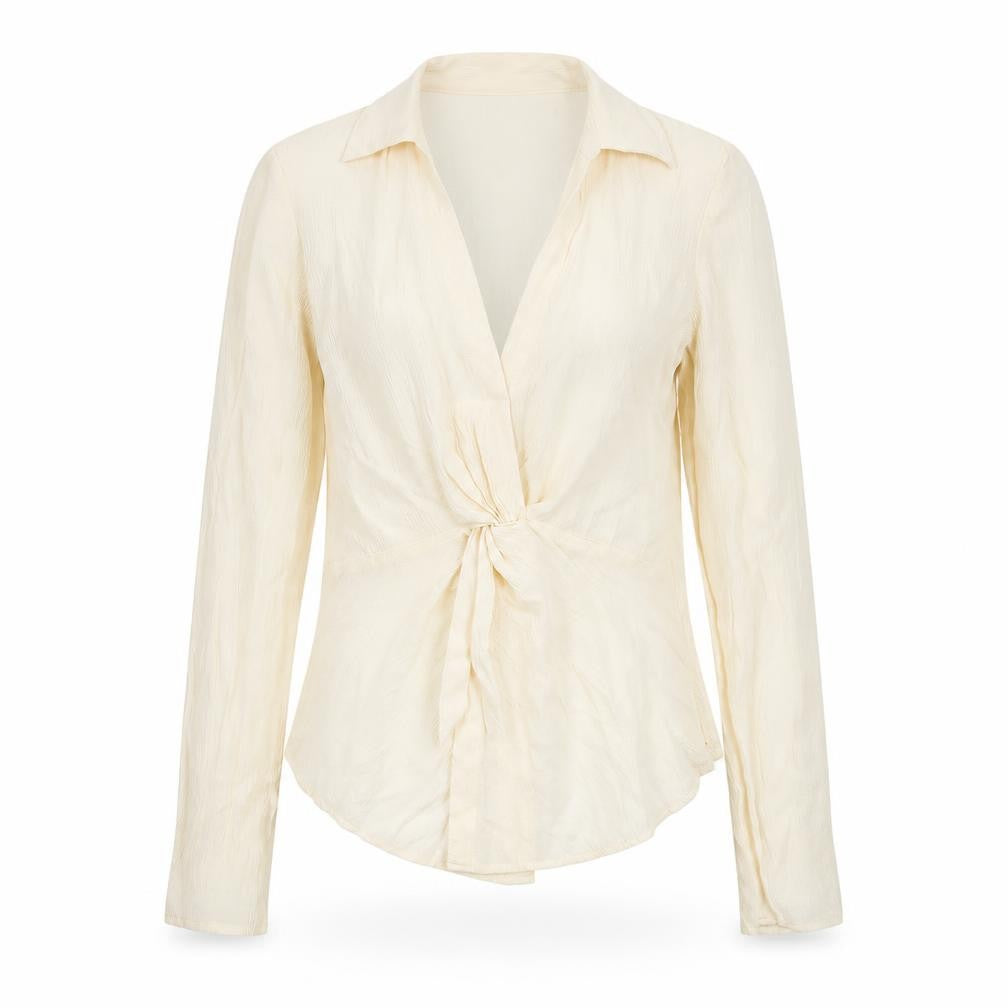Front view of Topshop Women's Beige Wrap Long Sleeve Viscose Blouse, size 6