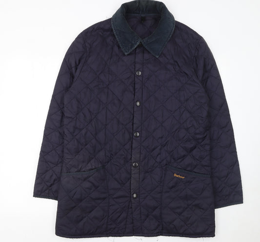 Front view of Barbour Men's Blue Quilted Mid-Length Jacket, size S