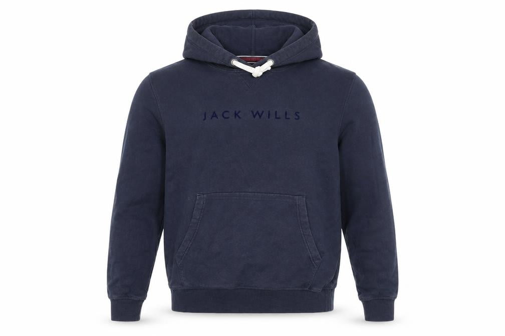 Front view of Jack Wills Men's Blue Pullover Hoodie, size S, Regular Fit Logo