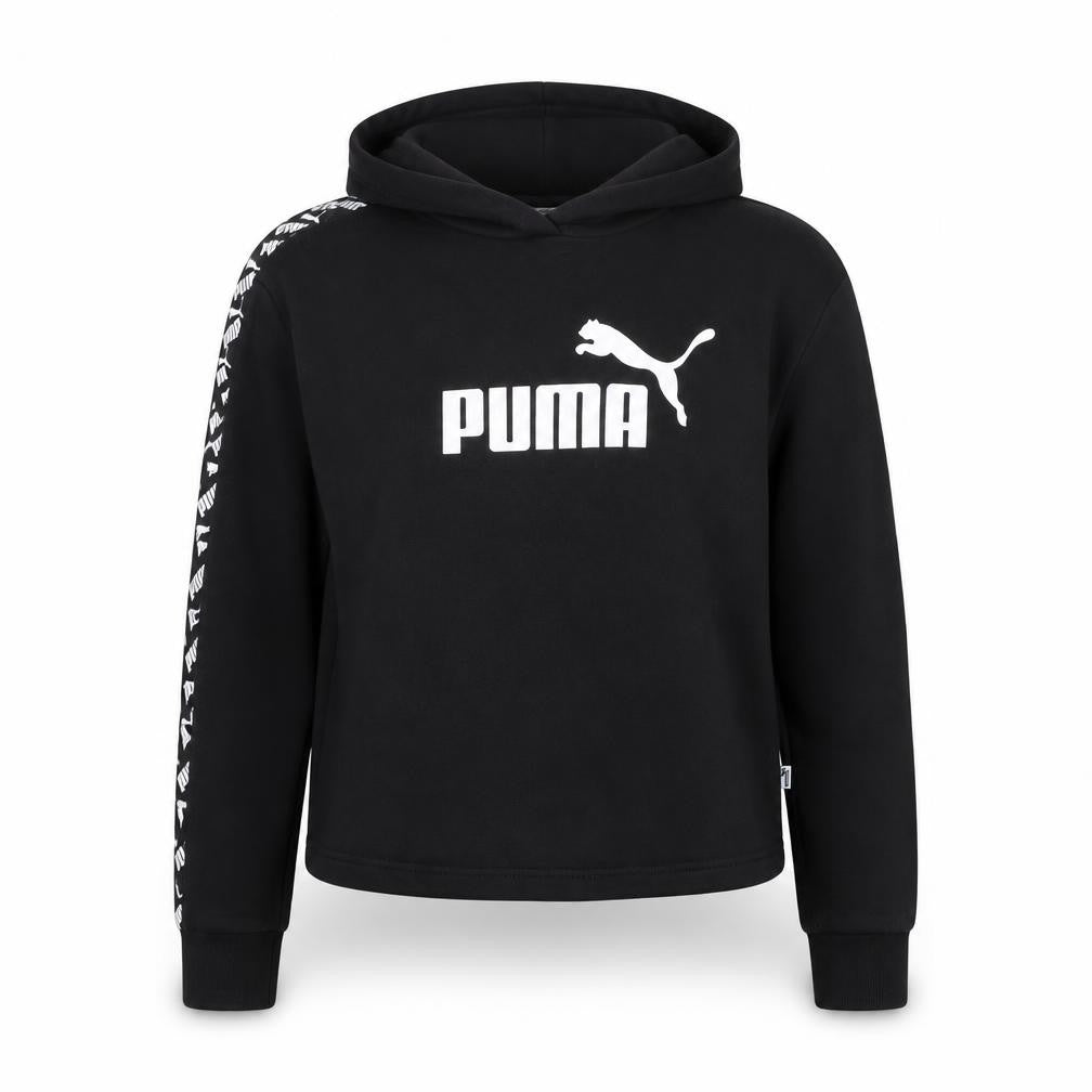Front view of Puma women’s black small pullover hoodie with logo detail