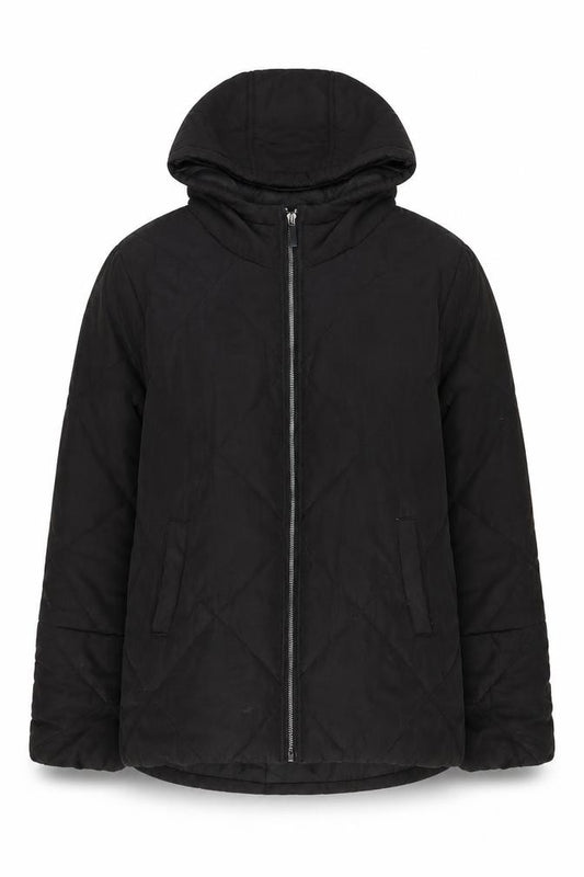 Front view of PRETTYLITTLETHING Women Black Quilted Hooded Puffer Jacket, size 10