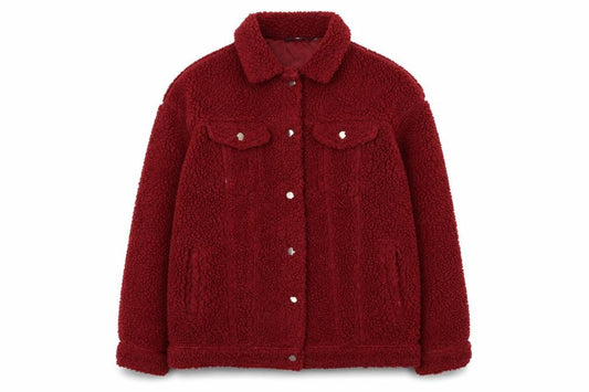 Front view of Missguided women’s red borg sherpa jacket, size UK 8, lined button-up casual