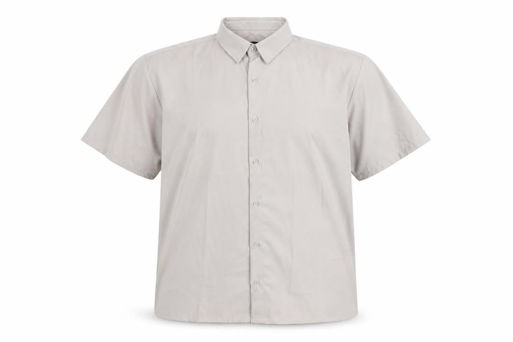 Front view of boohooMAN Men's Beige Short Sleeve Button-Up Shirt, size L