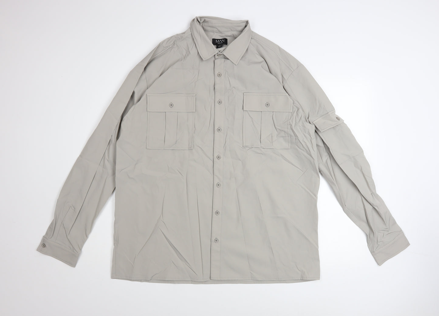 BoohooMAN Men's Grey Button-Up Long Sleeve Classic Fit Shirt Size L