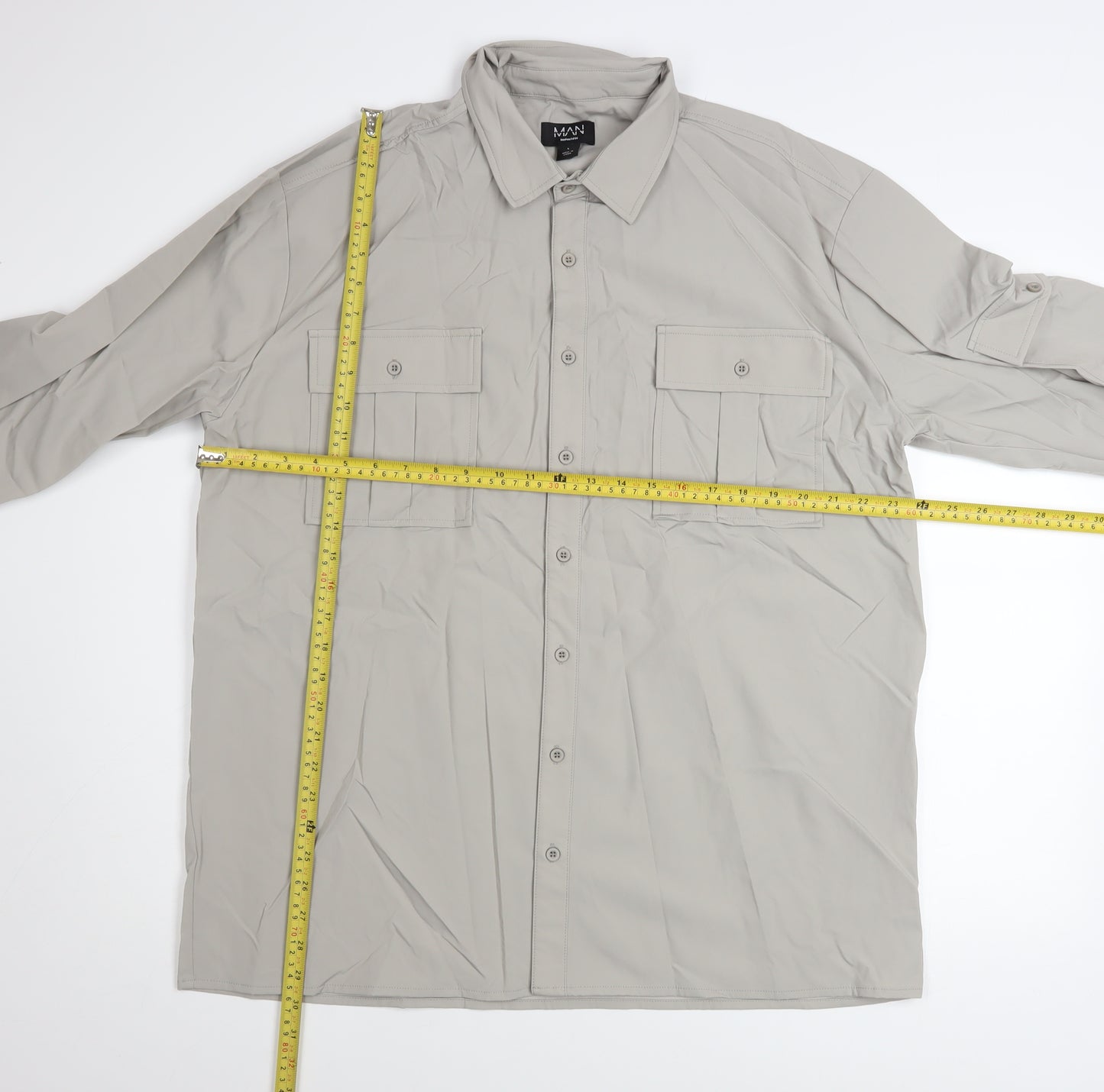BoohooMAN Men's Grey Button-Up Long Sleeve Classic Fit Shirt Size L