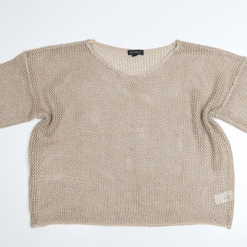 Blue Vanilla Women Beige Knit Cropped V-Neck Blouse One Size