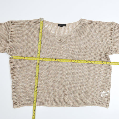 Blue Vanilla Women Beige Knit Cropped V-Neck Blouse One Size