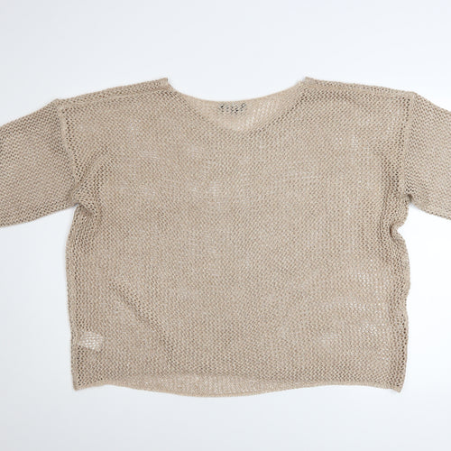 Blue Vanilla Women Beige Knit Cropped V-Neck Blouse One Size