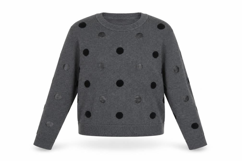 Front view of Witchery women’s grey polka dot knit jumper, size M