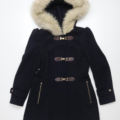 Miss Selfridge Women's Black Wool Duffle Coat with Faux Fur Hood Size 6
