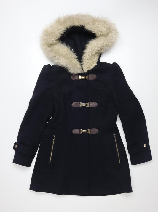 Miss Selfridge Women's Black Wool Duffle Coat with Faux Fur Hood Size 6