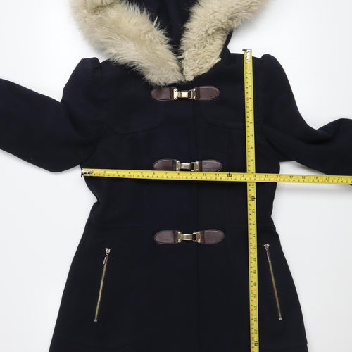 Miss Selfridge Women's Black Wool Duffle Coat with Faux Fur Hood Size 6