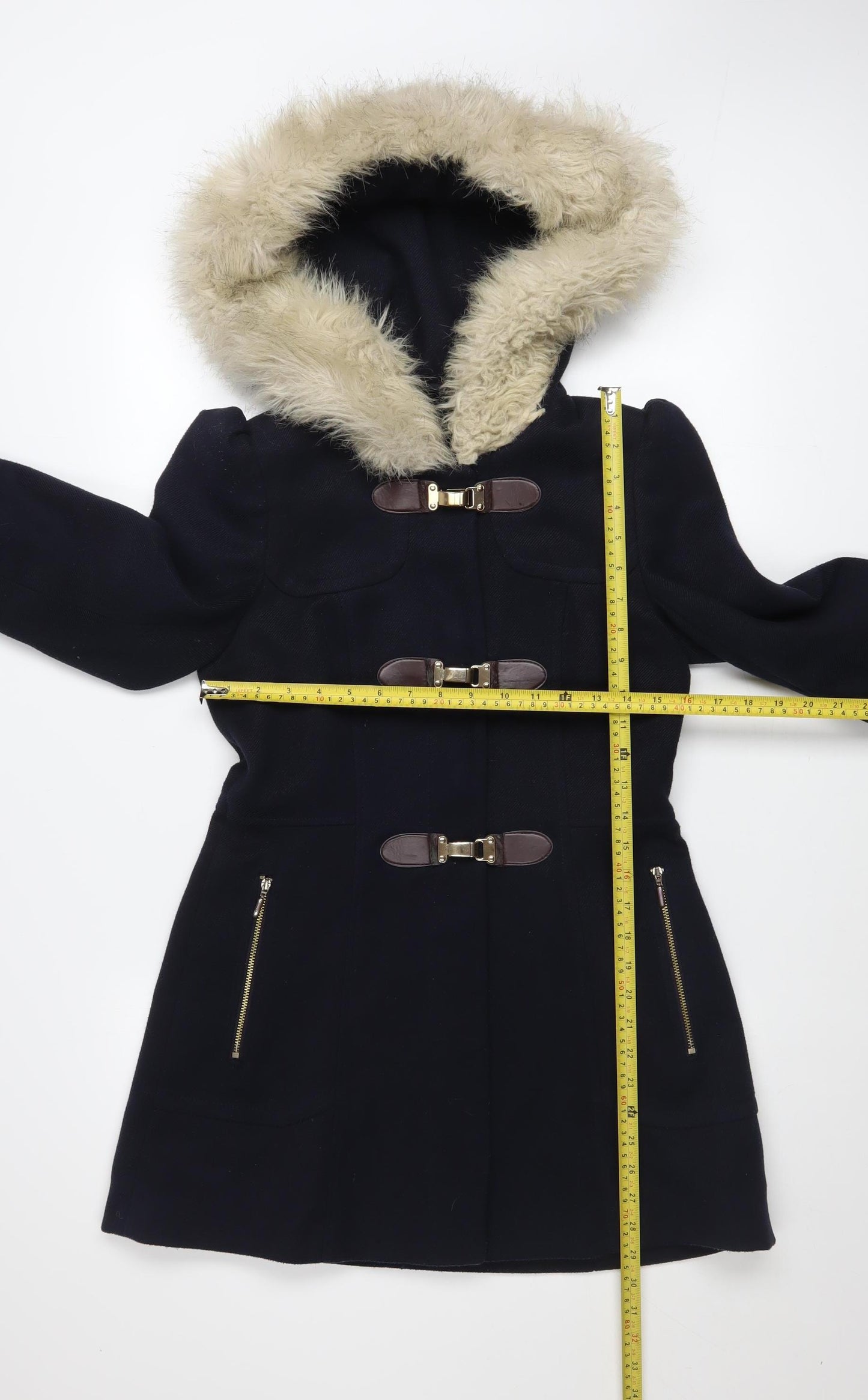 Miss Selfridge Women's Black Wool Duffle Coat with Faux Fur Hood Size 6