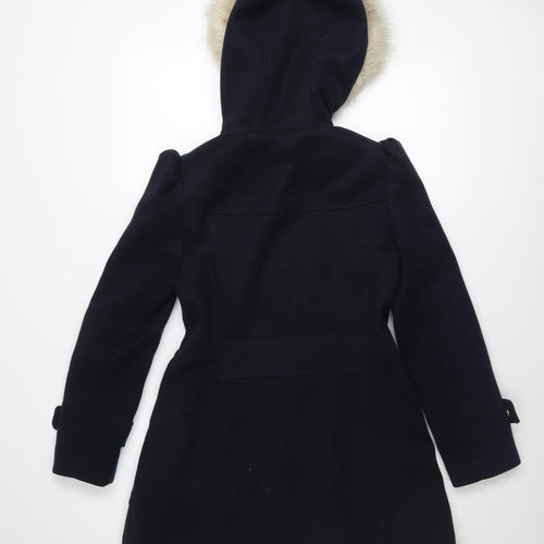 Miss Selfridge Women's Black Wool Duffle Coat with Faux Fur Hood Size 6