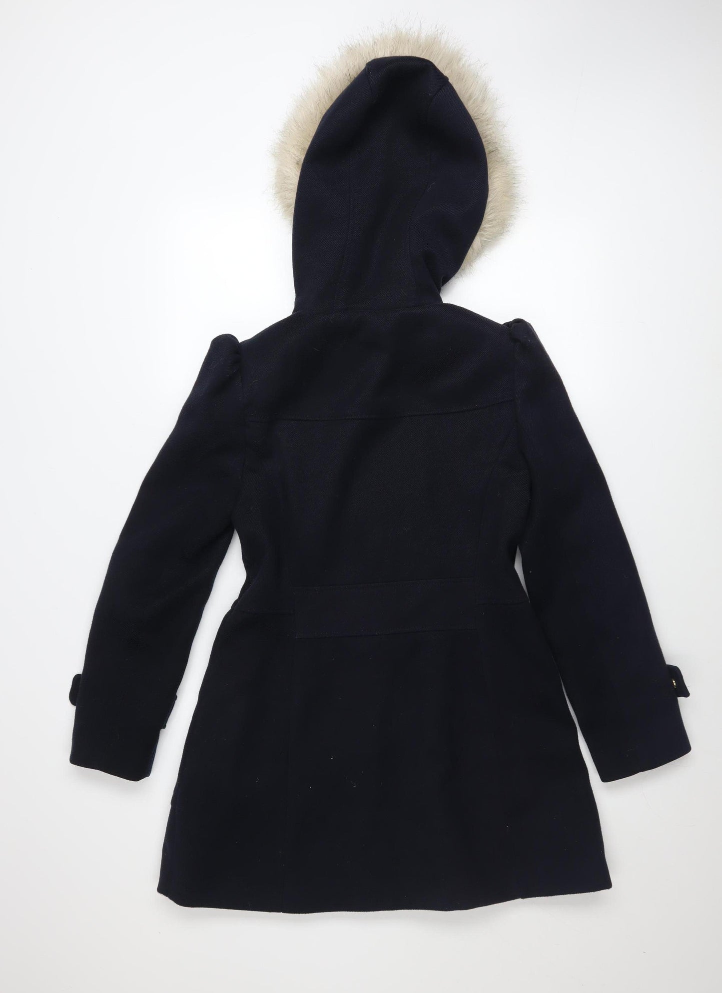 Miss Selfridge Women's Black Wool Duffle Coat with Faux Fur Hood Size 6