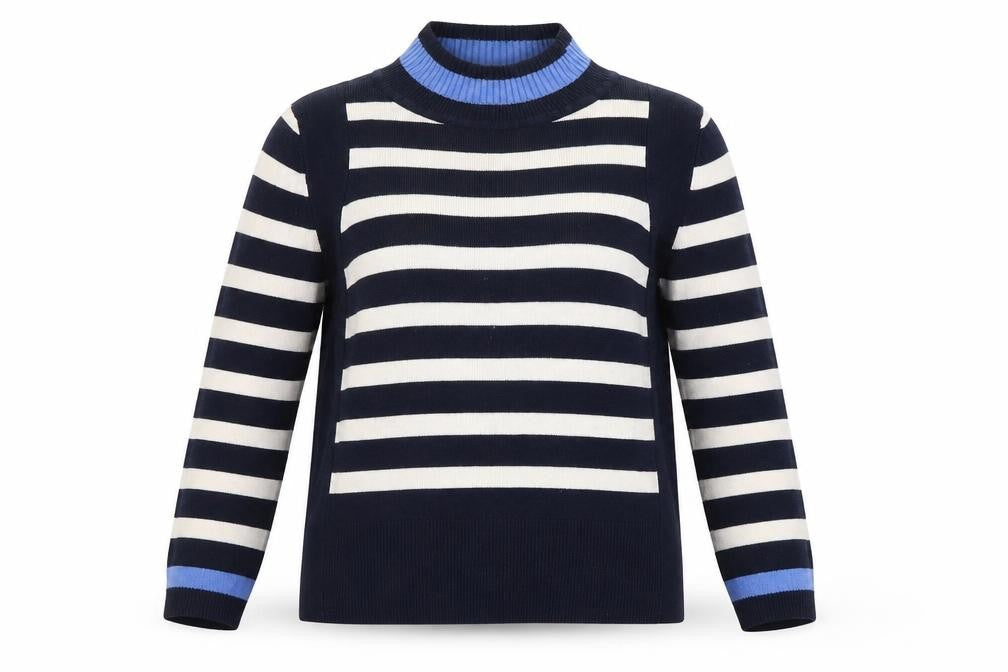 Front view of Marks & Spencer Women's Blue Striped Mock Neck Jumper, size 10