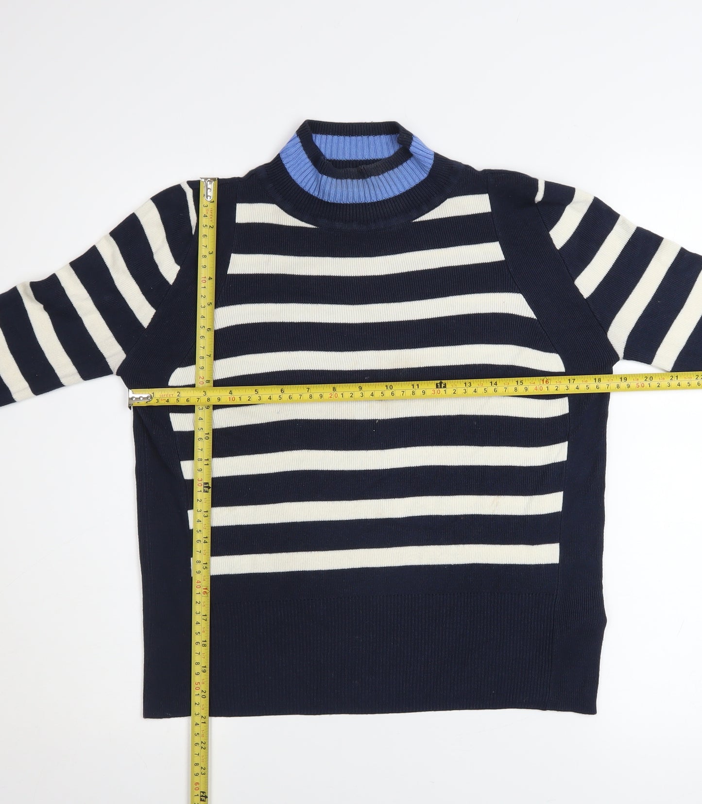 Marks and Spencer Women's Blue Striped Mock Neck Jumper Size 10
