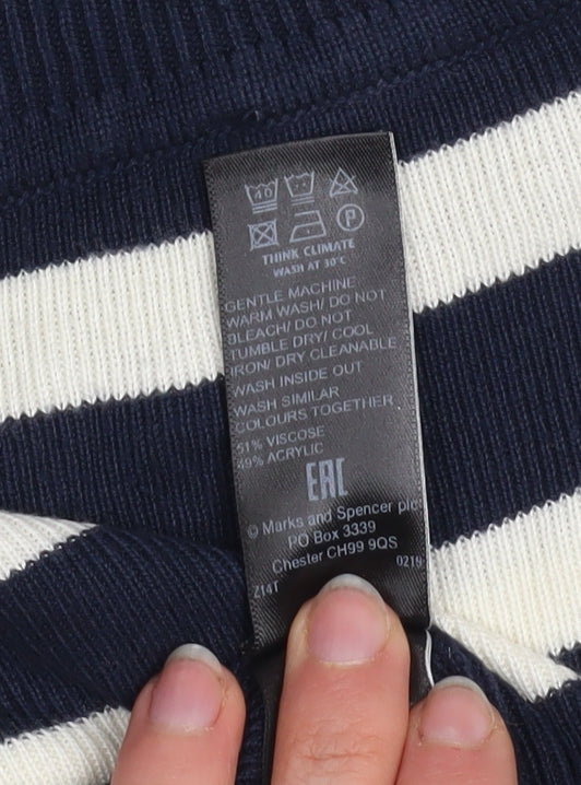 Marks and Spencer Women's Blue Striped Mock Neck Jumper Size 10