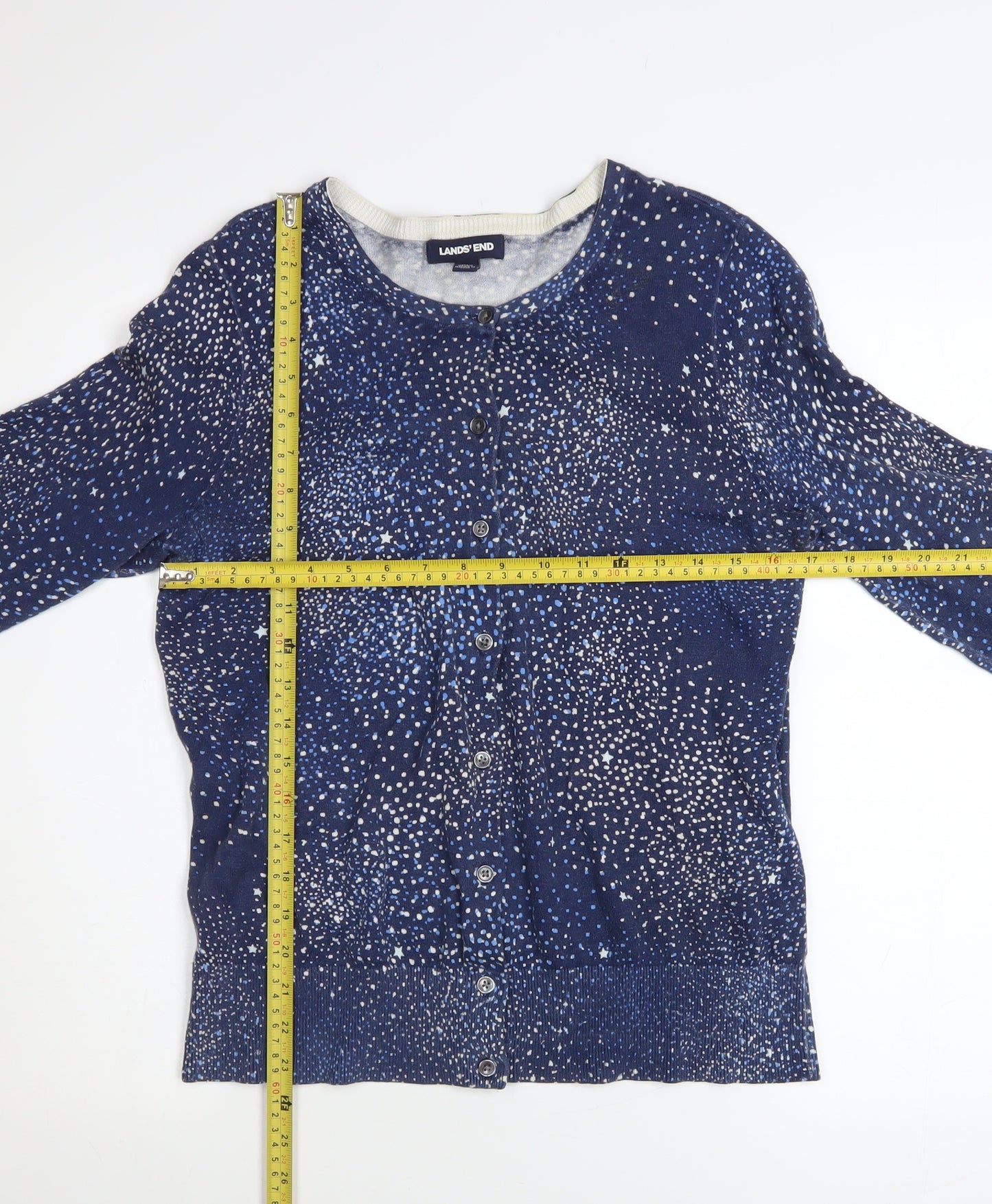 Lands' End Women's Blue Star Print Cotton Button Cardigan Size S