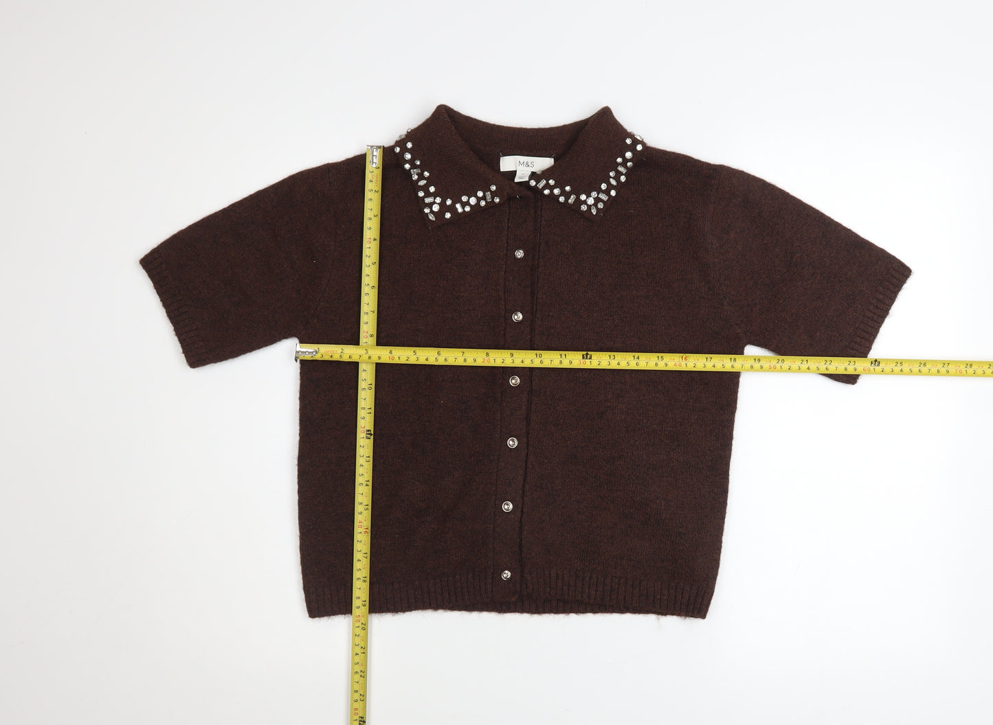 Marks and Spencer Women Brown Collared Button-Up Knit Top Size S