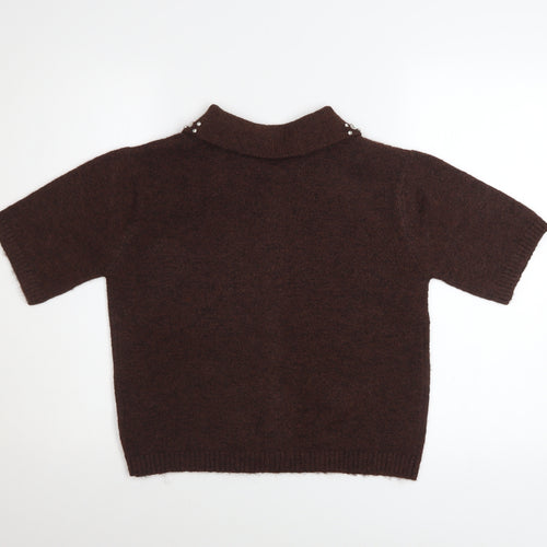 Marks and Spencer Women Brown Collared Button-Up Knit Top Size S