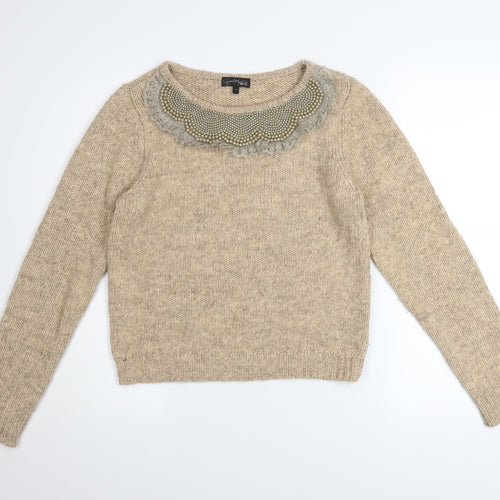 Next Women’s Beige Alpaca Blend Beaded Crew Neck Jumper Size 12