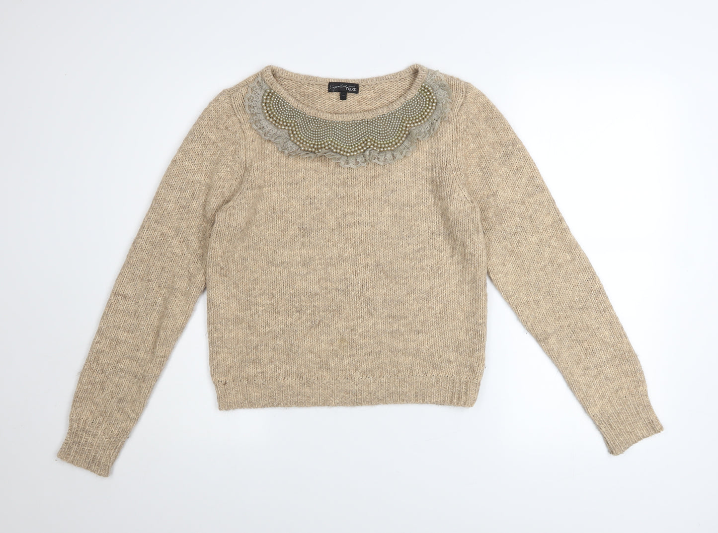 Next Women’s Beige Alpaca Blend Beaded Crew Neck Jumper Size 12