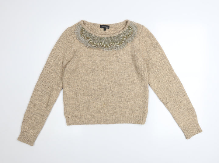 Next Women’s Beige Alpaca Blend Beaded Crew Neck Jumper Size 12