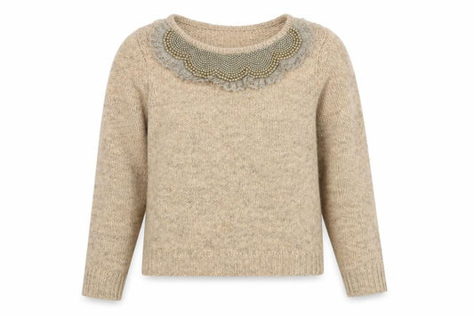 Front view of Next Women’s Beige Alpaca Blend Beaded Crew Neck Jumper, size UK 12