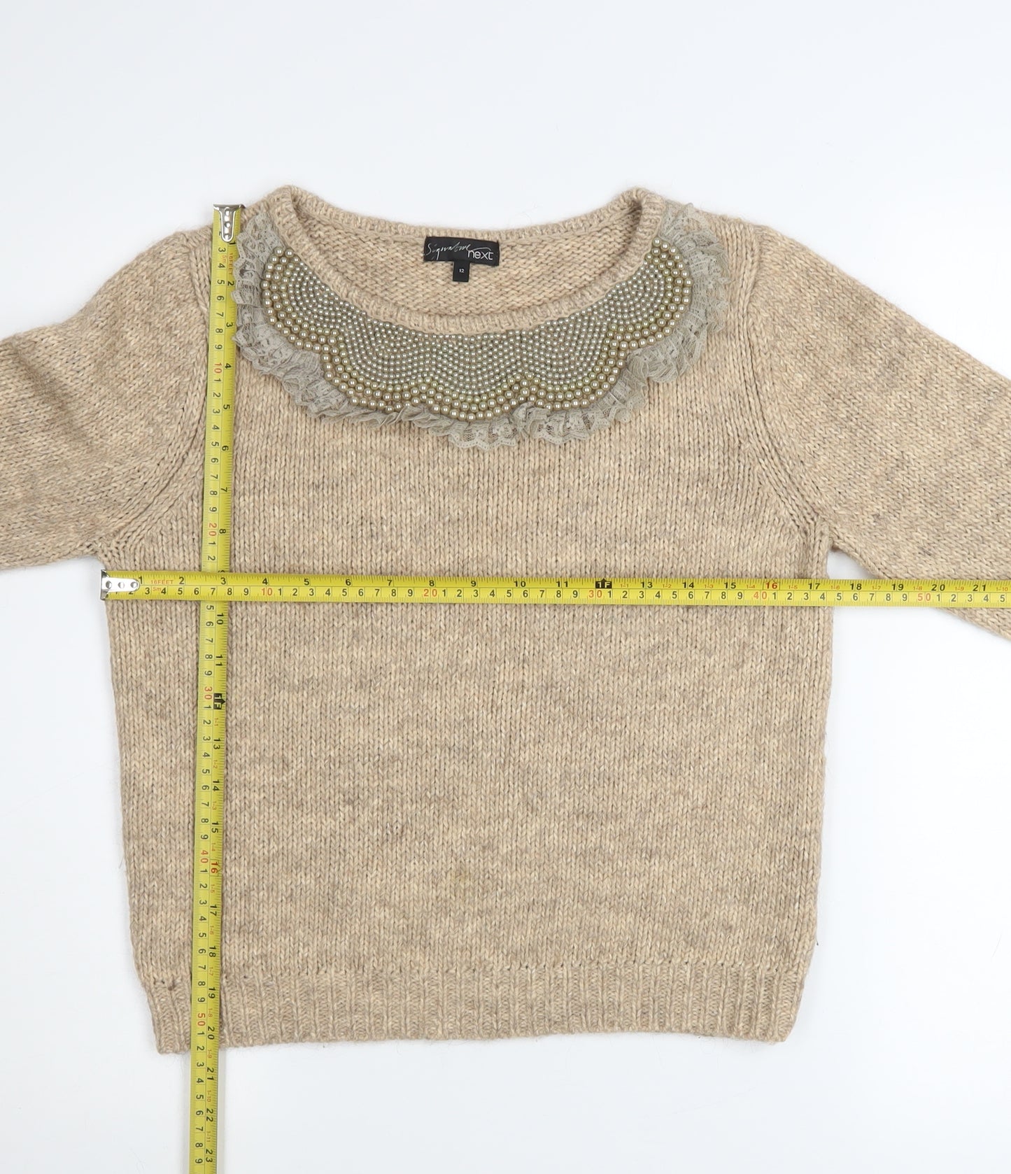 Next Women’s Beige Alpaca Blend Beaded Crew Neck Jumper Size 12