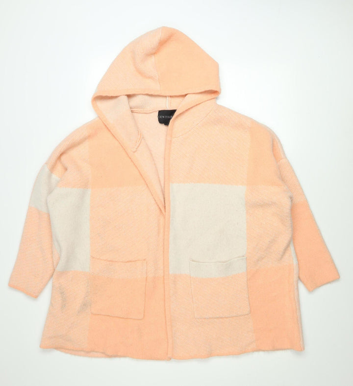 Centigrade Womens Peach Check Hooded Cardigan M Knit Open Front