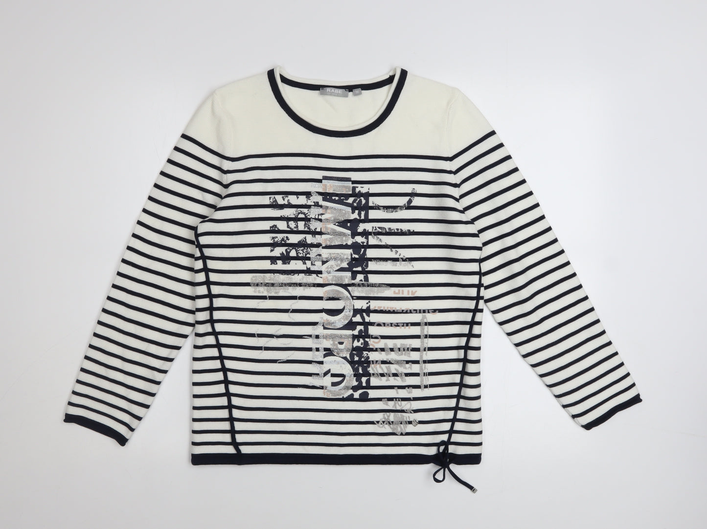 Rabe Women’s White Striped Graphic Knit Jumper Size 8