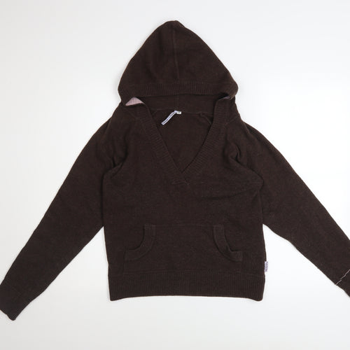Puresun Womens Brown Wool Blend Hooded V-Neck Jumper Size 12
