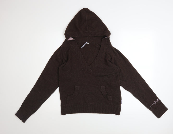 Puresun Womens Brown Wool Blend Hooded V-Neck Jumper Size 12