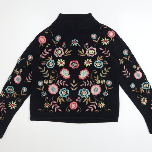 Tu Woman Black Floral Embroidered High Neck Jumper Size 8