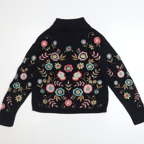 Tu Woman Black Floral Embroidered High Neck Jumper Size 8