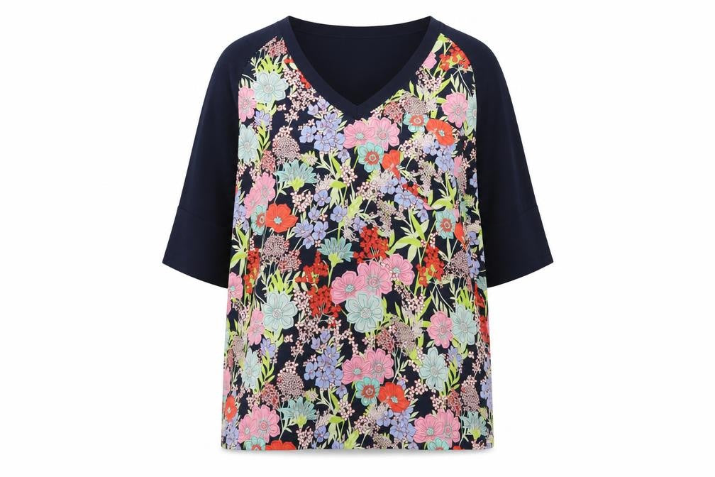 Front view of Next Women's Multicoloured Floral V-Neck 3/4 Sleeve Tunic Blouse, size 16