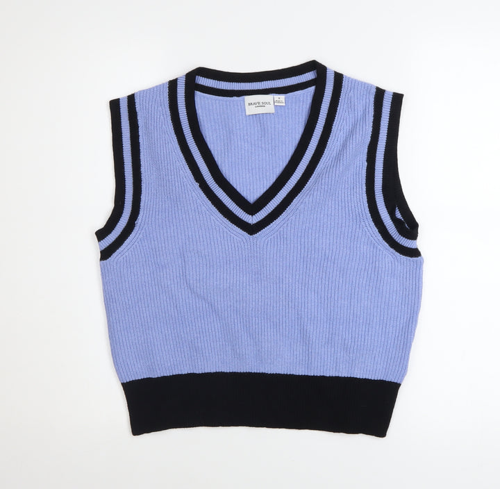 Brave Soul Women's Blue Sleeveless V-Neck Knit Vest Jumper Size S
