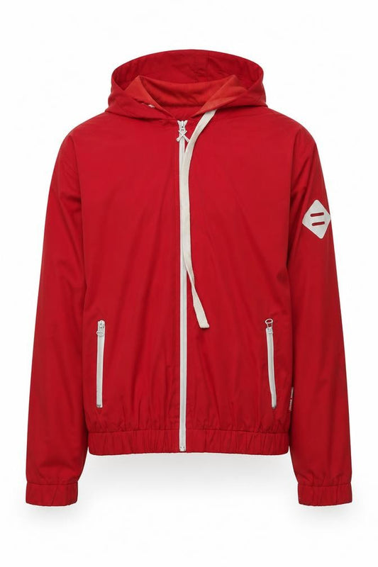 Front view of Criminal Damage Men's Red Hooded Windbreaker Jacket, size M