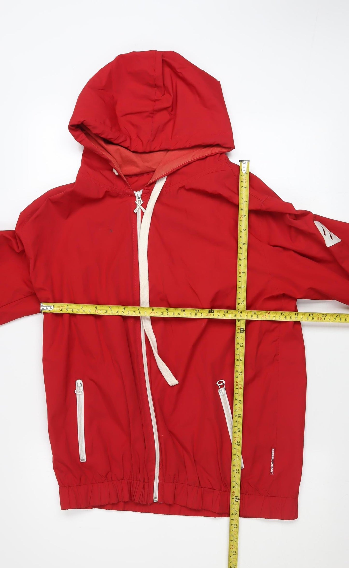 Criminal Damage Men's Red Hooded Windbreaker Jacket Size M
