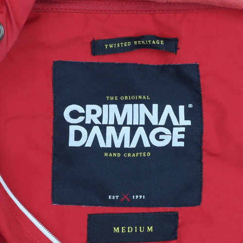 Criminal Damage Men's Red Hooded Windbreaker Jacket Size M