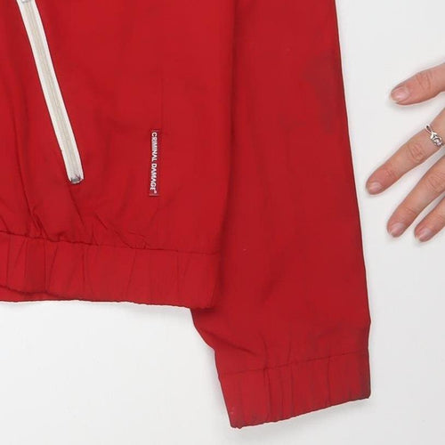 Criminal Damage Men's Red Hooded Windbreaker Jacket Size M