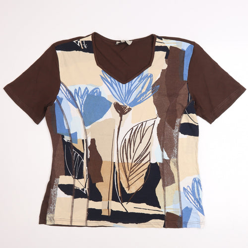 Bassini Women Brown Floral Viscose Stretch T-Shirt Size L