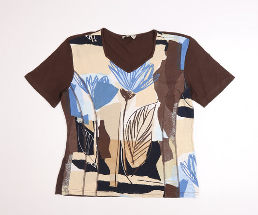 Bassini Women Brown Floral Viscose Stretch T-Shirt Size L
