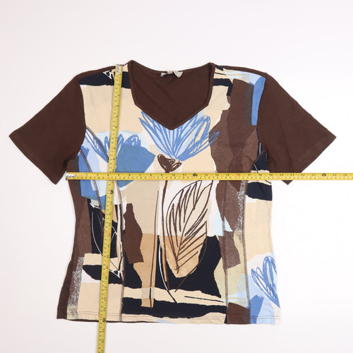 Bassini Women Brown Floral Viscose Stretch T-Shirt Size L