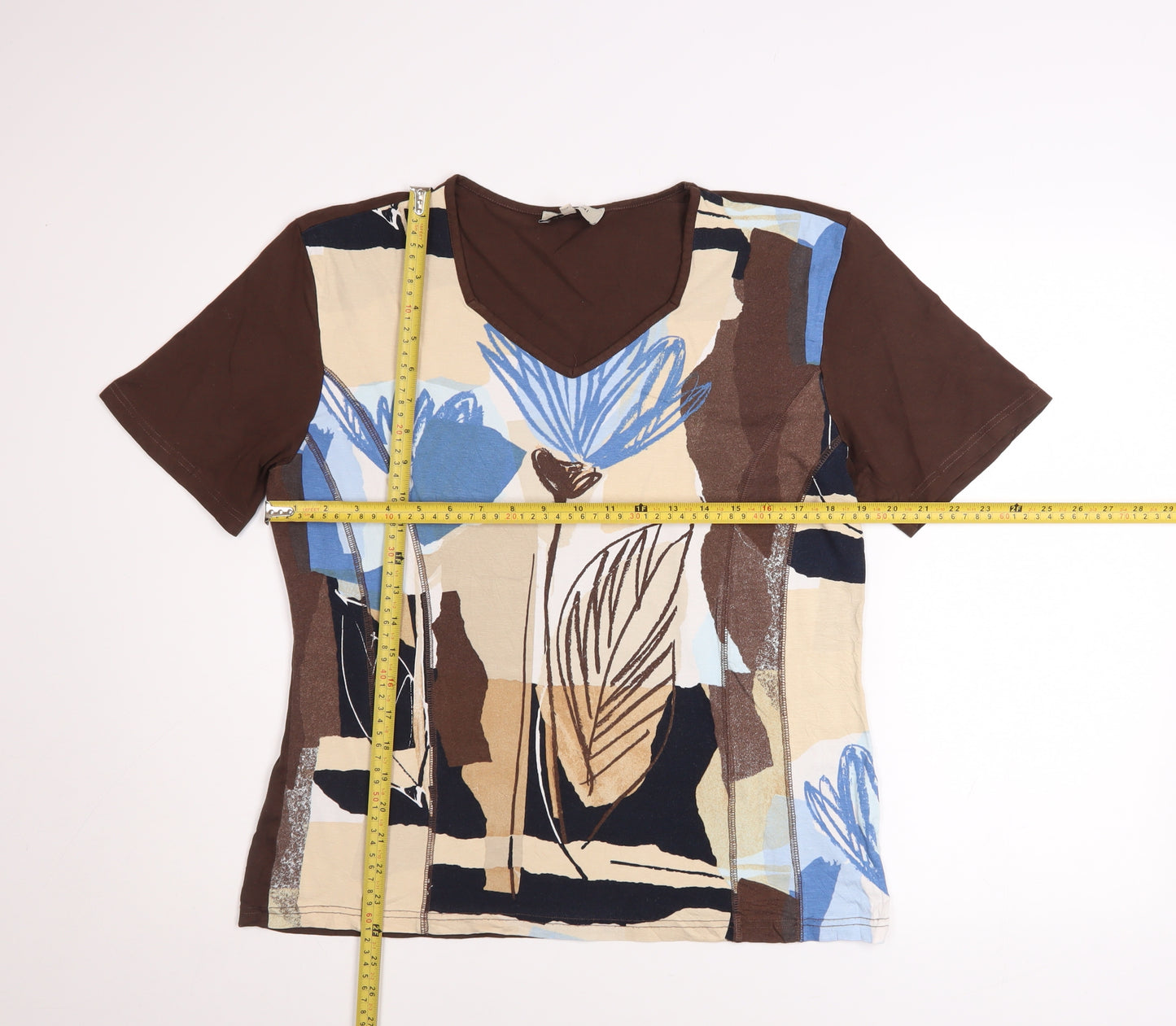 Bassini Women Brown Floral Viscose Stretch T-Shirt Size L
