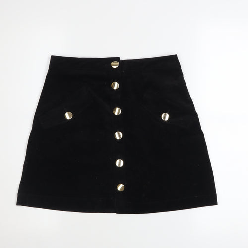 ZARA Womens Black A-Line Button Front Corduroy Mini Skirt Size S