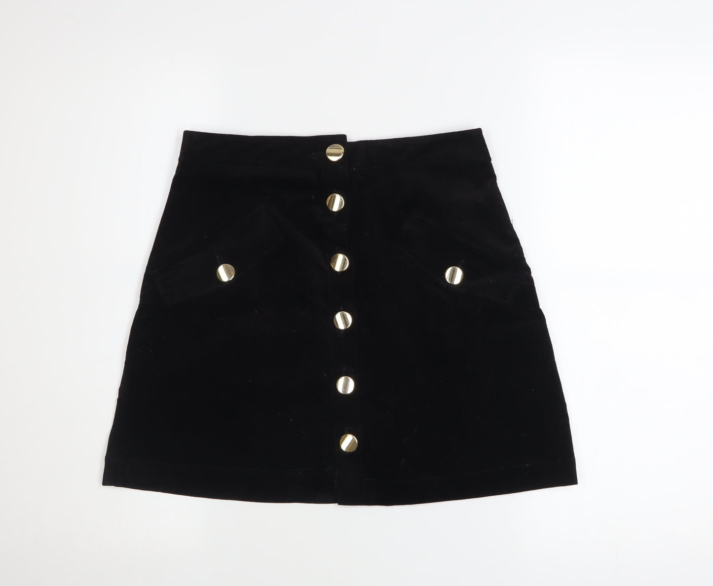 ZARA Womens Black A-Line Button Front Corduroy Mini Skirt Size S